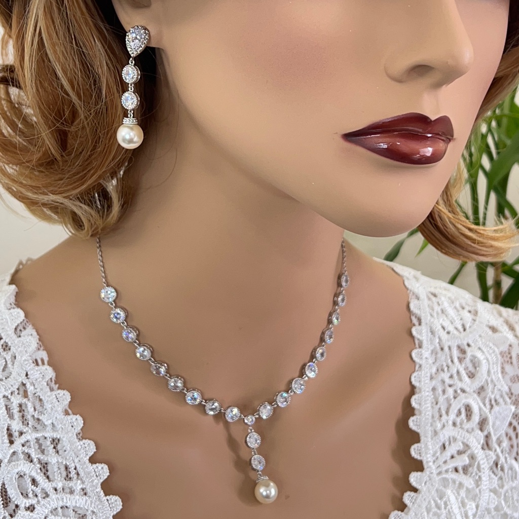 Handmade Swarovski Pearl Cz Necklace And Earrings Set